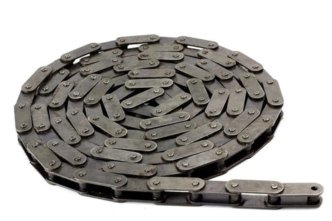 81X Lumber Conveyor Roller Chain 10 Feet With 1 Connecting Link, carbon steel chain coiled on white background.