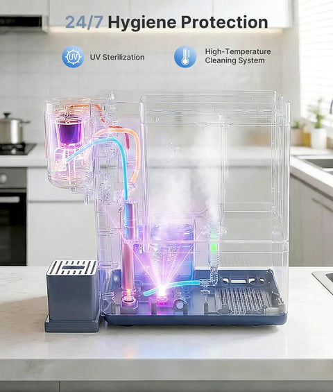 3 In 1 Countertop Beverage Station With Ice Maker, Instant Hot Cold Warm Water, Adjustable Volume, Built In Coffee Brewer, Deep Navy, UV Sterilization Display