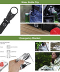 17 In 1 Emergency Survival Kit With Waterproof Storage Box showing water bottle clip and emergency blanket in use outdoors