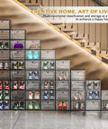 Thick And Sturdy Clear Shoe Storage Organizer With Magnetic Door Built To Last Space Saving Stackable Plastic Shoe Boxes For Closet Foldable Shoe Rack For Sneakers And Boots Six Pack Black Heavy Duty Design in a stair-like formation showcasing colorful shoes