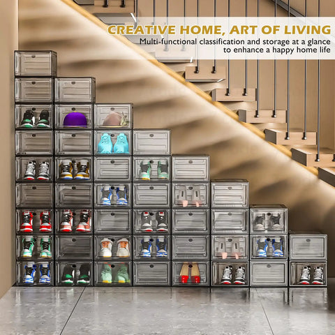 Thick And Sturdy Clear Shoe Storage Organizer With Magnetic Door Built To Last Space Saving Stackable Plastic Shoe Boxes For Closet Foldable Shoe Rack For Sneakers And Boots Six Pack Black Heavy Duty Design in a stair-like formation showcasing colorful shoes