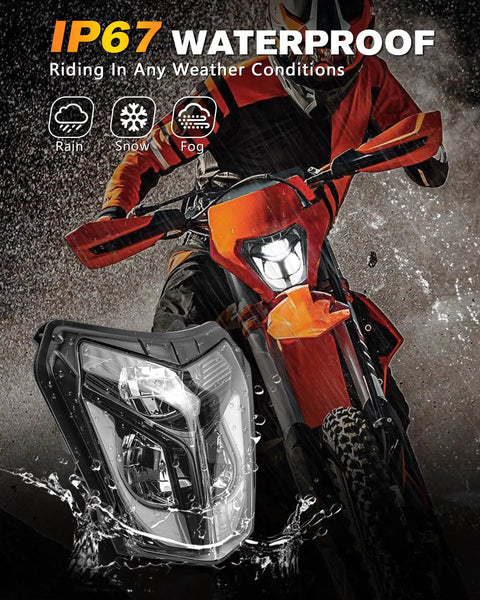 Rider on dirt bike with DOT LED Dirt Bike Headlight 40W 2700LM Universal Motorcycle Front Light in wet conditions