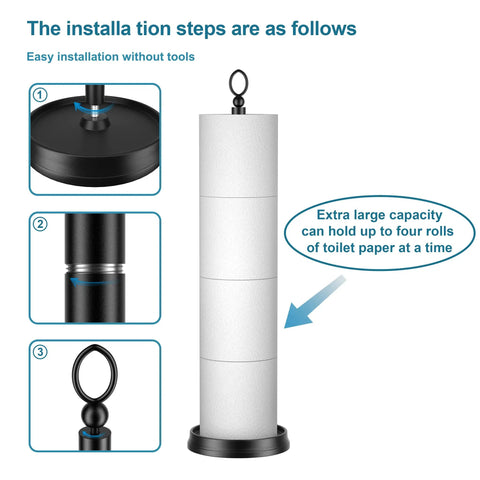 Heavy Weighted Free Standing Toilet Paper Holder With Reserve Function No Tools Needed Spare Roll Storage Stand For Bathroom Matte Black Finish Total Height 22.5 Inches Space Saving Floor Stand For Any Restroom.