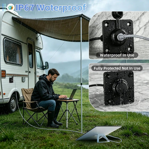 Rugged Aluminum DC Bulkhead Cable Pass Through Kit used in RV showing waterproof panel mount connector in rain