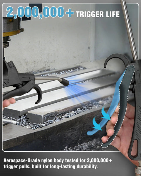 Heavy Duty Air Blow Gun With Long Nozzle Pumps Out Serious Compressor Air To Blast Away Stubborn Shop Dust Heavy Duty Pneumatic Blower features adjustable trigger and durability tested design.
