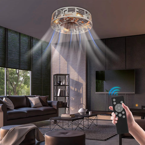 Living room with Enclosed Dope Modern 20 Inch Farmhouse Ceiling Fan With Light And Remote Low Profile White Finish in motion