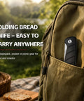 9.09 Inch Folding Bread Knife For Camping And Outdoor Cooking With 4.25 Inch Serrated 8Cr14MoV Stainless Blade in backpack pocket