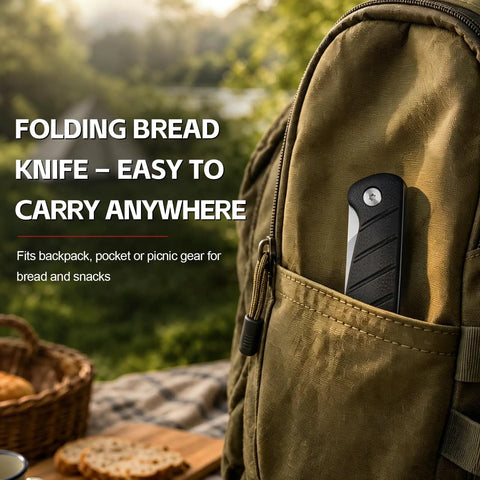 9.09 Inch Folding Bread Knife For Camping And Outdoor Cooking With 4.25 Inch Serrated 8Cr14MoV Stainless Blade in backpack pocket