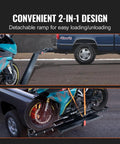 Heavy Duty Motorcycle Carrier Hitch Mount With 600 Lbs Capacity 47 Inch Longer Ramp Ratchet Straps And Stabilizer Dirt Bike Scooter Trailer Hauler For Car Or Truck With 2 Inch Hitch Receiver showing detachable ramp installation.