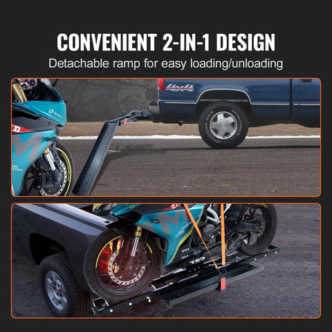 Heavy Duty Motorcycle Carrier Hitch Mount With 600 Lbs Capacity 47 Inch Longer Ramp Ratchet Straps And Stabilizer Dirt Bike Scooter Trailer Hauler For Car Or Truck With 2 Inch Hitch Receiver showing detachable ramp installation.