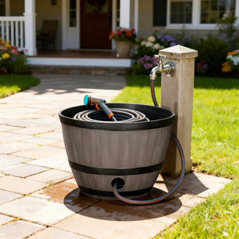 Brown Resin Garden Hose Pot With Removable Drain Plug, big capacity storage on patio with circular opening hose connection.