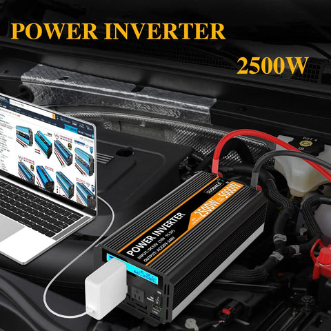 Heavy Duty Badass 2500 Watt Power Inverter Converts 12V Dc To 120V Ac For Trucks And Camper Trailers in engine bay with laptop.