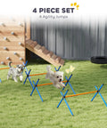 Two dogs jumping over hurdles in 4 Piece Dog Agility Course Set With Adjustable Height Hurdles, Portable Carry Bag, Indoor Outdoor Training Equipment For Backyard And Home Training, Easy Setup, Durable Orange Jump Obstacles on grass with climbing wall in background
