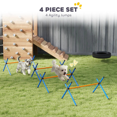 Two dogs jumping over hurdles in 4 Piece Dog Agility Course Set With Adjustable Height Hurdles, Portable Carry Bag, Indoor Outdoor Training Equipment For Backyard And Home Training, Easy Setup, Durable Orange Jump Obstacles on grass with climbing wall in background