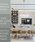Dining room with Whitney 27 Inch 5 Light Modern Farmhouse Chandelier With Conic Clear Glass Shades In Brushed Nickel Finish