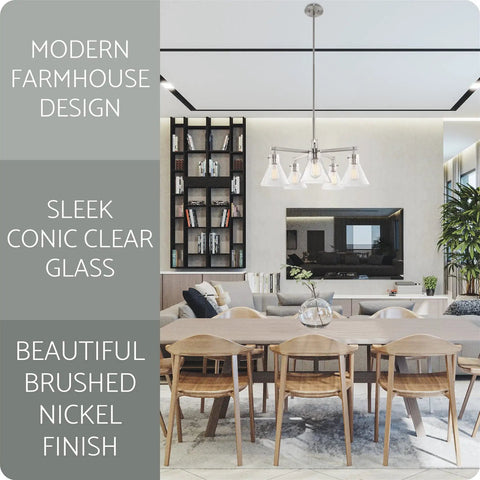 Dining room with Whitney 27 Inch 5 Light Modern Farmhouse Chandelier With Conic Clear Glass Shades In Brushed Nickel Finish