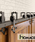 Rustic Black Double Track U Shape Bypass Sliding Barn Door Hardware Kit For Four Doors With 12 Foot Flat Track And Diamond Design Rollers