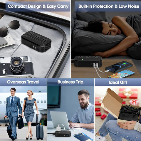 Collage showing 2300W Travel Voltage Converter in various scenarios including travel, home, work, and as a gift.