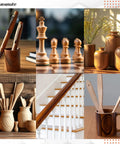 Various wooden products including vases, chess pieces, pens, utensils, and staircase rail captured in ambient lighting.