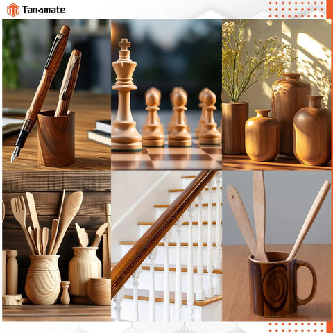 Various wooden products including vases, chess pieces, pens, utensils, and staircase rail captured in ambient lighting.