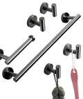Six Piece Brushed Gun Metal Bathroom Hardware Set With 18 Inch Towel Bar Toilet Paper Holder Four Robe Hooks And SUS 304 Stainless Steel Wall Mounted