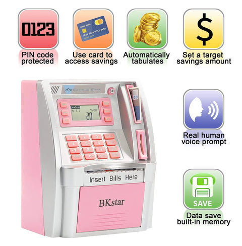 Pink ATM Piggy Bank For Kids Kid Friendly With Talking Debit Card And Digital Coin Counter Real Money Counting On A Bright Screen
