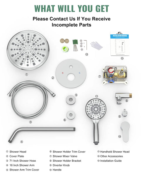 Ultimate Rain Shower System With 8.5 Inch Round Rain Head, Multi Function Handheld Spray, Chrome Finish, complete kit display.