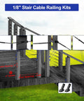 Ten Pair One Eighth Inch Black Cable Railing Kit with Swage Toggle Turnbuckle Hardware, shown installed on outdoor deck stairs