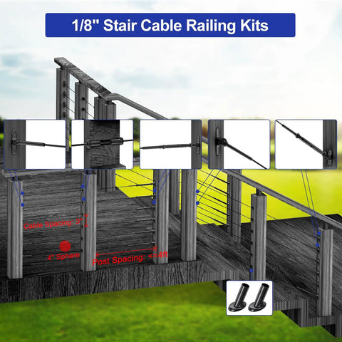 Ten Pair One Eighth Inch Black Cable Railing Kit with Swage Toggle Turnbuckle Hardware, shown installed on outdoor deck stairs