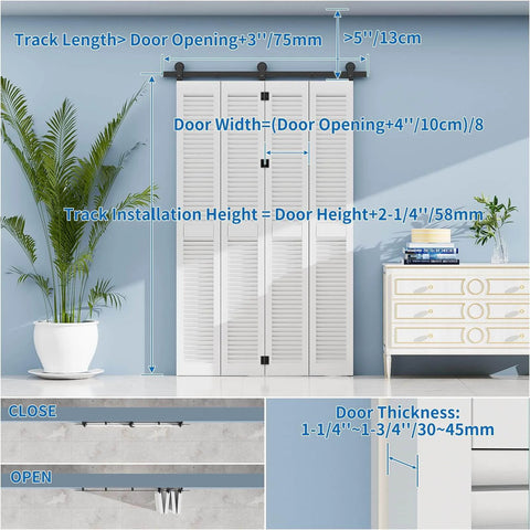 48-Inch Bifold Sliding Barn Door Hardware Kit For Four Doors With Matte Black Top Mount Rollers in a Living Room