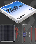 20W 12V Solar Panel Kit With MPPT Controller box and components, showing panel, MPPT controller, and cables dimensions