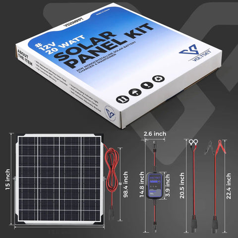 20W 12V Solar Panel Kit With MPPT Controller box and components, showing panel, MPPT controller, and cables dimensions