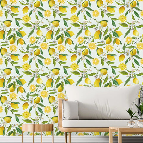 Lemon Peel And Stick Floral Wallpaper Dope Fresh Citrus Leaf Prints Removable Self Adhesive Vinyl in living room setting