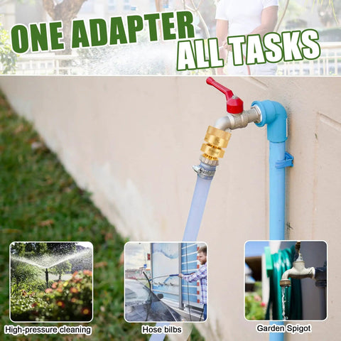 Replacement Self-Draining Vacuum Breaker for Hose Bib Backflow Prevention, connected to outdoor faucet with garden hose attached.