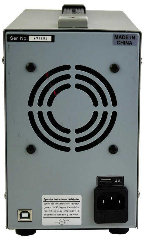 Back view of Programmable DC Power Supply 0-30V 0-5A with vent and power input, showcasing pro grade bench design.