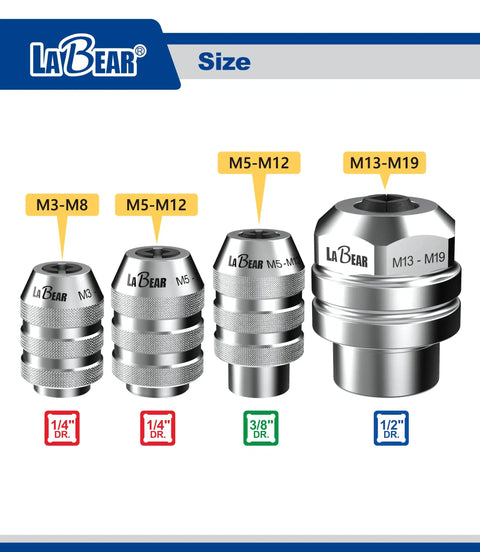 Adjustable Tap Chuck Socket Adapter for One Quarter Inch Drive, sizes M3 to M19, shown with drive dimensions and branding.