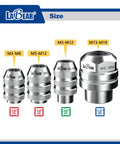 Four tap sockets for M3 to M19 with 1/4-in, 3/8-in, 1/2-in drive sizes, including Three Eighths Inch Drive Adjustable Tap Socket For M5 To M12 Taps, Tap Chuck Adapter For Hand Threading And Repairs, Durable Metric Tap Holder Kit For Versatile Workshop Use.