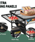 Tool Free Foldable Outdoor Table With Wing Panels And Mesh Desktop 3x2 Ft shown with food, side pocket, and mesh bag