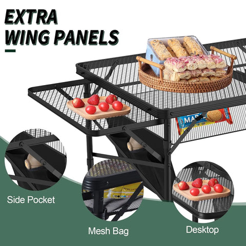 Tool Free Foldable Outdoor Table With Wing Panels And Mesh Desktop 3x2 Ft shown with food, side pocket, and mesh bag