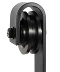 Close-up of J shape roller from Heavy Duty Sliding Barn Door Hardware Kit With Hangers And Track Includes Two 3.3 Ft Tracks Black Carbon Steel
