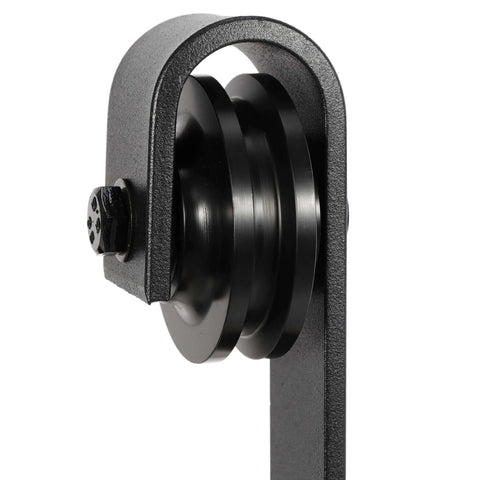 Close-up of J shape roller from Heavy Duty Sliding Barn Door Hardware Kit With Hangers And Track Includes Two 3.3 Ft Tracks Black Carbon Steel