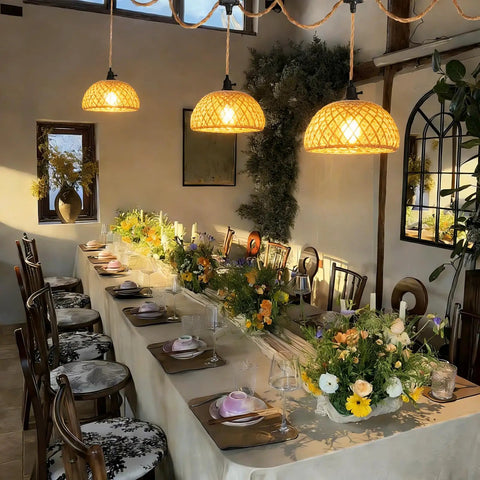 Solid Pick 23Ft Hemp Rope Pendant Light Swap With Three Independent E26 E27 Sockets And Solo Toggles illuminating a dining table.