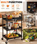 Heavy Duty Three Tier Folding Utility Cart With Four Swivel Wheels And Brakes For Kitchen Office Garage And Garden, 120 Lbs Capacity, Collapsible Rolling Storage Cart, Black From DUMOS, displayed with groceries and tools on multiple tiers.