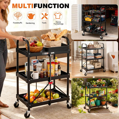 Heavy Duty Three Tier Folding Utility Cart With Four Swivel Wheels And Brakes For Kitchen Office Garage And Garden, 120 Lbs Capacity, Collapsible Rolling Storage Cart, Black From DUMOS, displayed with groceries and tools on multiple tiers.