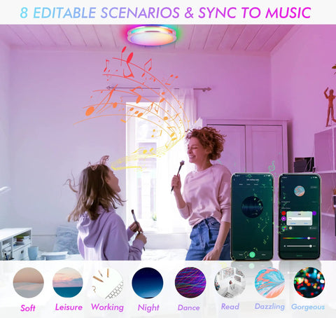 12 Inch LED Smart Flush Mount Ceiling Light With 20W Tunable White 2700K To 6500K RGB Color 16 Million Lit Ambience Voice And App Control With Alexa And Google Home Nickel Satin Finish Easy Ceiling Mount For Living Room Bedroom Or Office in colorful music sync mode