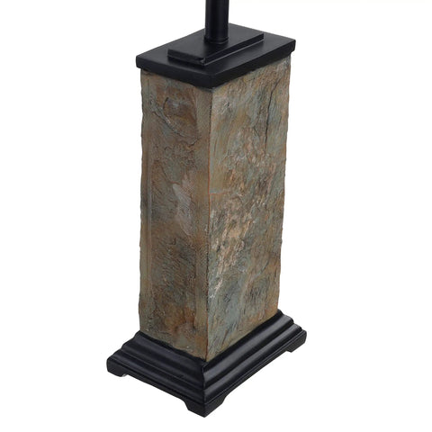 Base detail of Dope Rustic Slate Table Lamp With Natural Green Slate Finish, Bronze Base, Cream Faux Suede Tapered Shade, 29 Inch Tall