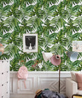 Tropical Peel And Stick Wallpaper Jungle Palm Leaf Green Vinyl Wall Covering 17.7 Inch By 393.7 Inch in a living room setup