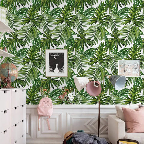 Tropical Peel And Stick Wallpaper Jungle Palm Leaf Green Vinyl Wall Covering 17.7 Inch By 393.7 Inch in a living room setup