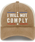 Standout Women's Golf Trucker Cap With Adjustable Buckle All Season Comfort Fashionable Sun Shield Hat For Casual Outings Custom Design Fits Most Heads Keeps You Looking Fly, khaki with 'I Will Not Comply' text.