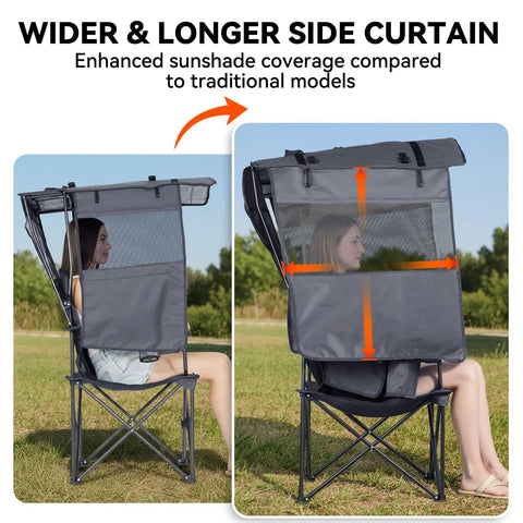 Grab And Go Camping Chair With Canopy Shade And UPF Fifty Plus Protection, side view of wider side curtain for enhanced coverage